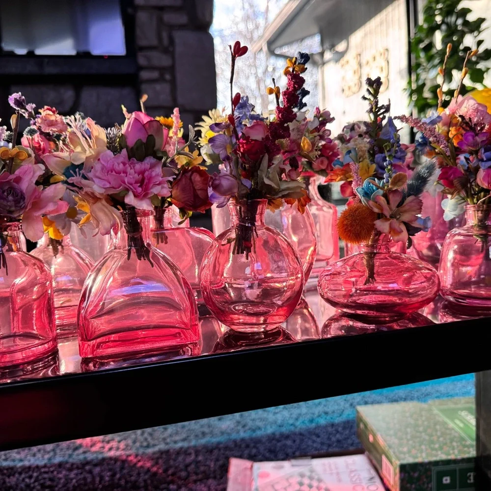 Lot Of 24 Custom Wedding Pink Glass Bud Vases Bundle One-Of-A-Kind With Flowers
